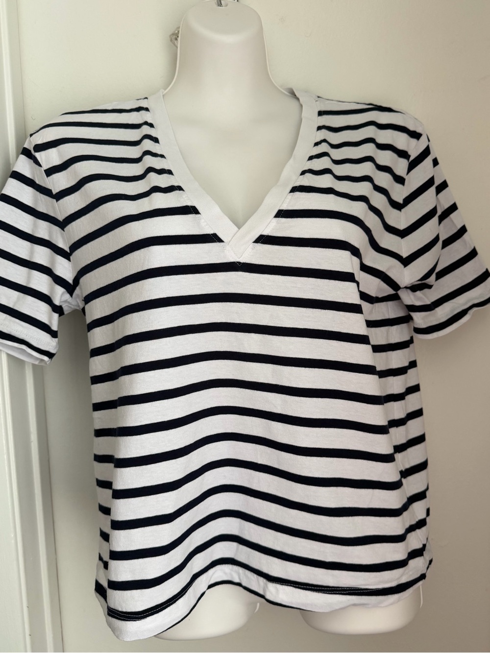Zara Black & White Striped V-Neck Short Sleeve Tee